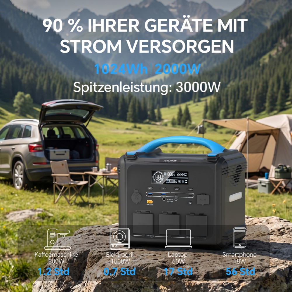 NECESPOW S2000 Tragbare Powerstation, 1024Wh Batterie, 2000W AC-Ausgang, 3000W Spitzenleistung, 10 Ausgänge, 1300W Schnellladung, 400W Solar-Eingang, für Camping, Notstromversorgung zu Hause und Outdoor-Nutzung