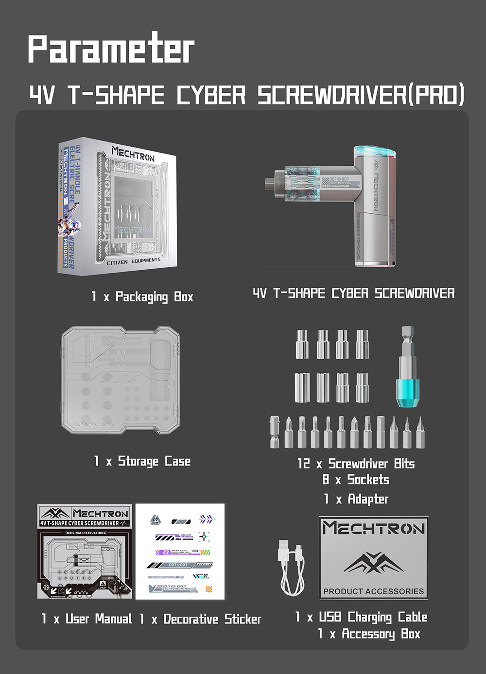 Tournevis en T MECHTRON TL-T007S PRO 4V, couple &eacute;lectrique 5 N&middot;m, couple manuel 8 N&middot;m, vitesse 270 tr/min, embouts magn&eacute;tiques &agrave; d&eacute;gagement rapide, &eacute;clairage LED, batterie 1500 mAh, chargement USB