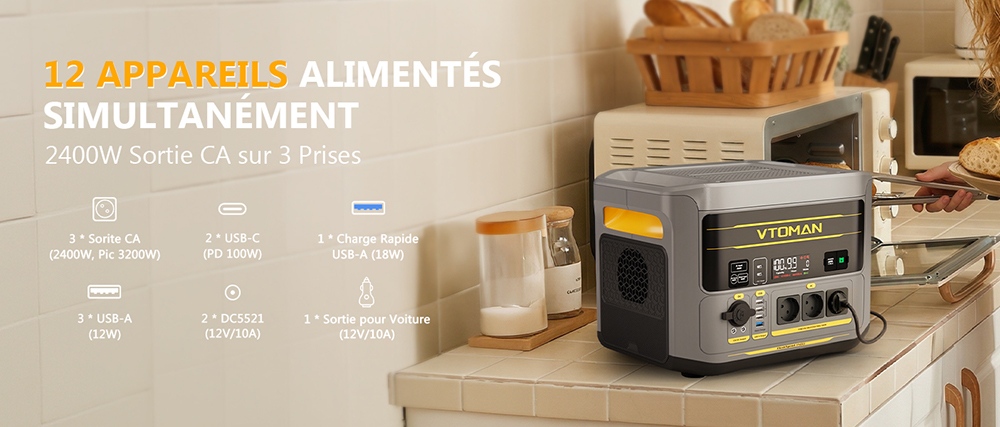 Station d'alimentation portable VTOMAN FlashSpeed 2400, batterie LiFePO4 de 1408Wh, sortie AC de 2400W, puissance de pointe de 3200W, 12 ports de sortie, USB-C de 100W, entr&eacute;e solaire de 600W, entr&eacute;e AC de 1500W, UPS <10ms
