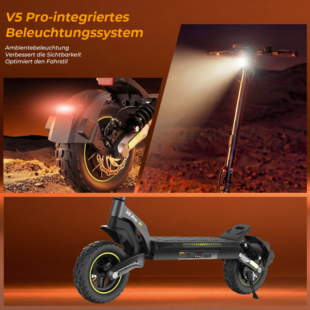 V5 Pro Faltbarer Elektroroller, 500W Motor, 20km/h Höchstgeschwindigkeit, 70km Reichweite, 48V 12,5Ah Batterie, Doppelte Federung, Doppelte Scheibenbremsen + E-Bremse, 10' schlauchlose Offroad-Reifen, APP-Steuerung