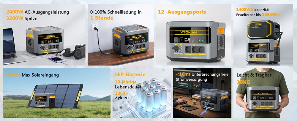 VTOMAN FlashSpeed 2400 Tragbare Powerstation, 1408Wh LiFePO4-Batterie, 2400W AC-Ausgang, 3200W Spitzenleistung, 12 Ausgangsanschlüsse, 100W USB-C, 600W Solar-Eingang, 1500W AC-Eingang, <10ms USV