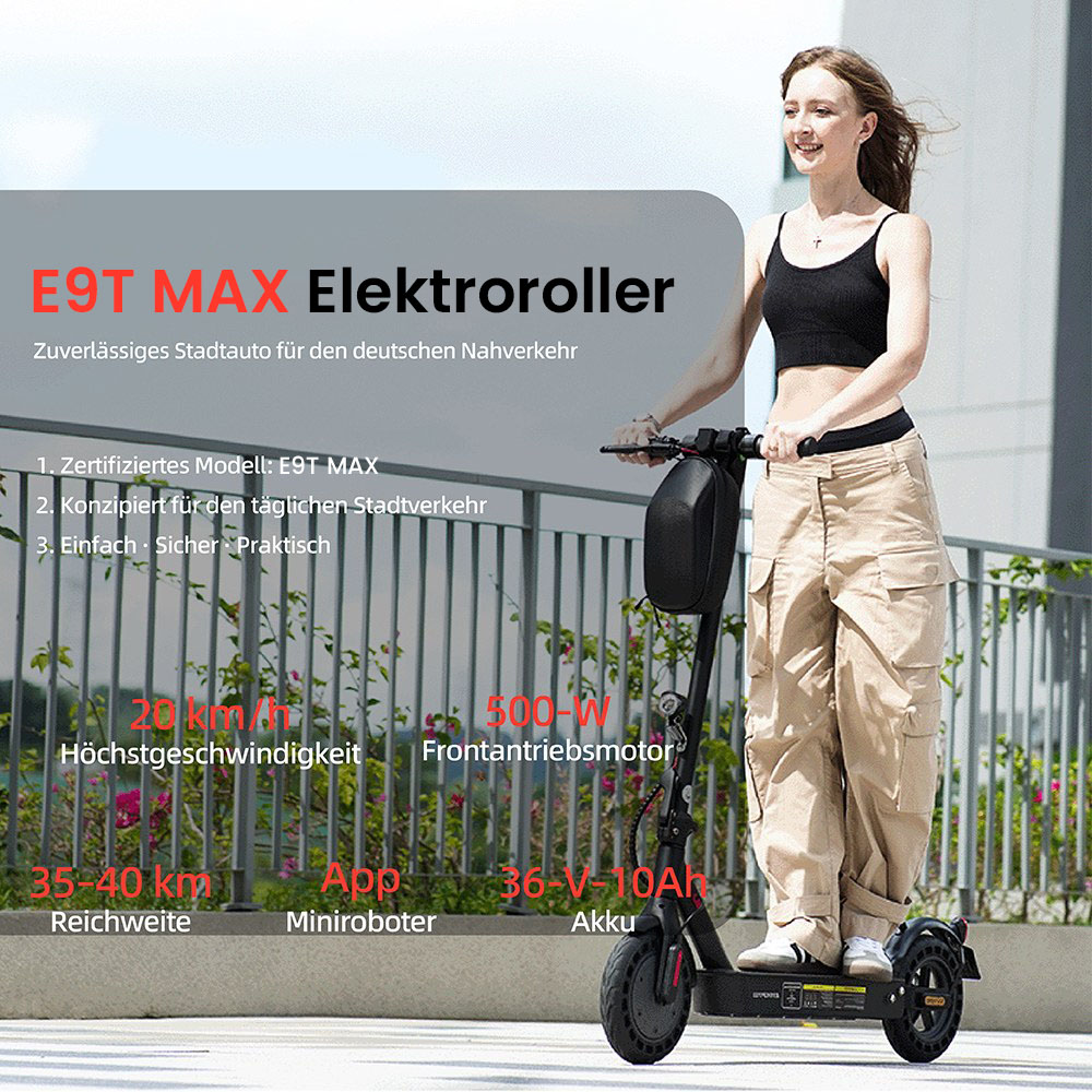 E9T MAX ABE Elektroroller, 500W Motor, 36V10Ah Batterie, 20km/h Geschwindigkeit, 40km Reichweite, 10" Wabenreifen, elektronische Daumenbremse & Scheibenbremse am Lenker, 120kg maximale Belastung