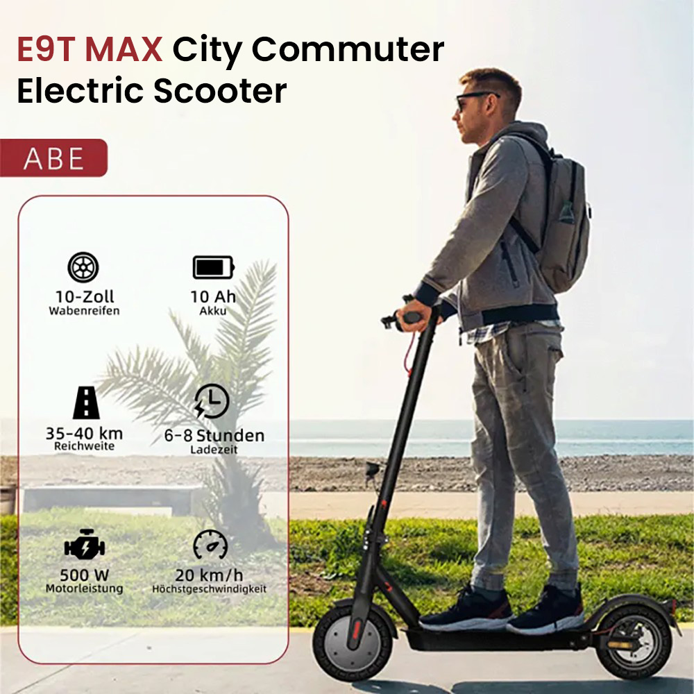E9T MAX ABE Elektroroller, 500W Motor, 36V10Ah Batterie, 20km/h Geschwindigkeit, 40km Reichweite, 10" Wabenreifen, elektronische Daumenbremse & Scheibenbremse am Lenker, 120kg maximale Belastung