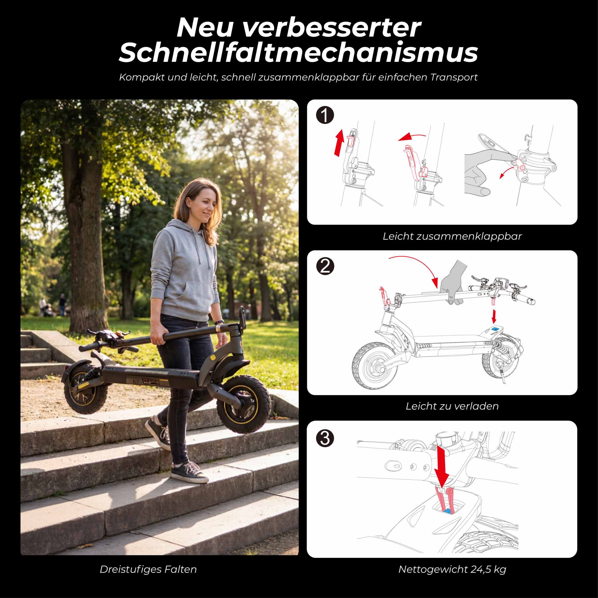 V5 Pro Faltbarer Elektroroller, 500W Motor, 20km/h Höchstgeschwindigkeit, 70km Reichweite, 48V 12,5Ah Batterie, Doppelte Federung, Doppelte Scheibenbremsen + E-Bremse, 10' schlauchlose Offroad-Reifen, APP-Steuerung