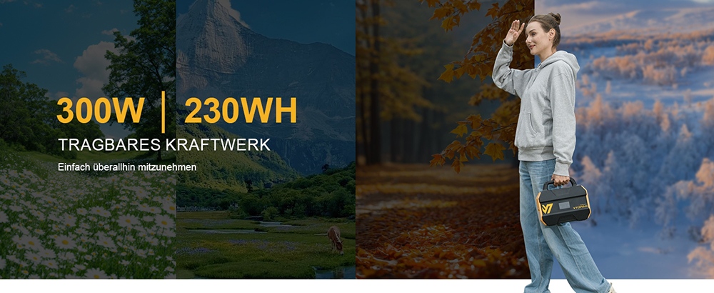 VTOMAN FlashSpeed 300 Tragbare Powerstation, 230Wh LiFePO4-Batterie, 300W AC-Ausgang, 600W Spitzenleistung, 7 Anschl&uuml;sse, 100W USB-C Ein-/Ausgang, 3 USB-A-Anschl&uuml;sse, 12V/10A DC-Ausgang, 90W DC-Eingang