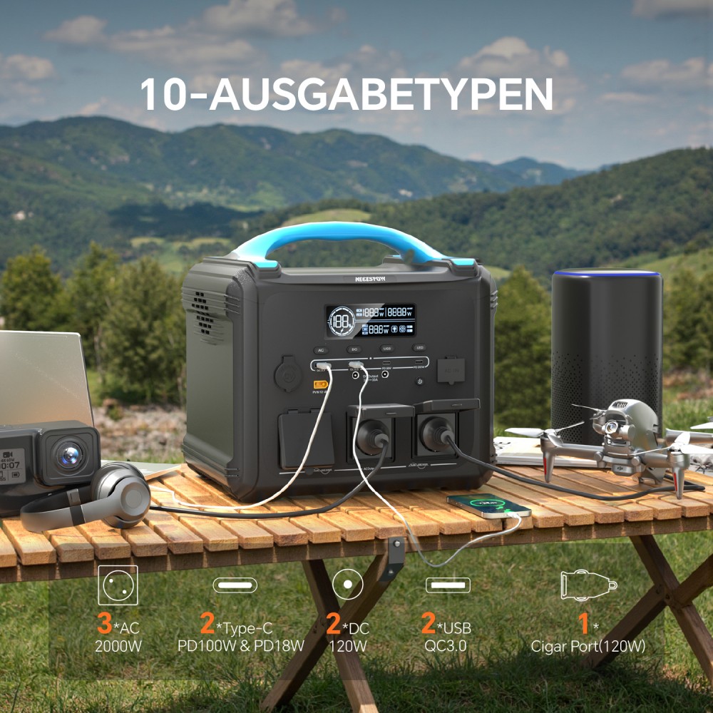 NECESPOW S2000 Tragbare Powerstation, 1024Wh Batterie, 2000W AC-Ausgang, 3000W Spitzenleistung, 10 Ausgänge, 1300W Schnellladung, 400W Solar-Eingang, für Camping, Notstromversorgung zu Hause und Outdoor-Nutzung