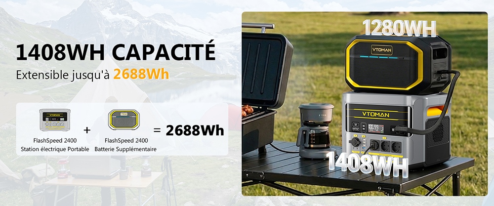 Station d'alimentation portable VTOMAN FlashSpeed 2400, batterie LiFePO4 de 1408Wh, sortie AC de 2400W, puissance de pointe de 3200W, 12 ports de sortie, USB-C de 100W, entr&eacute;e solaire de 600W, entr&eacute;e AC de 1500W, UPS <10ms