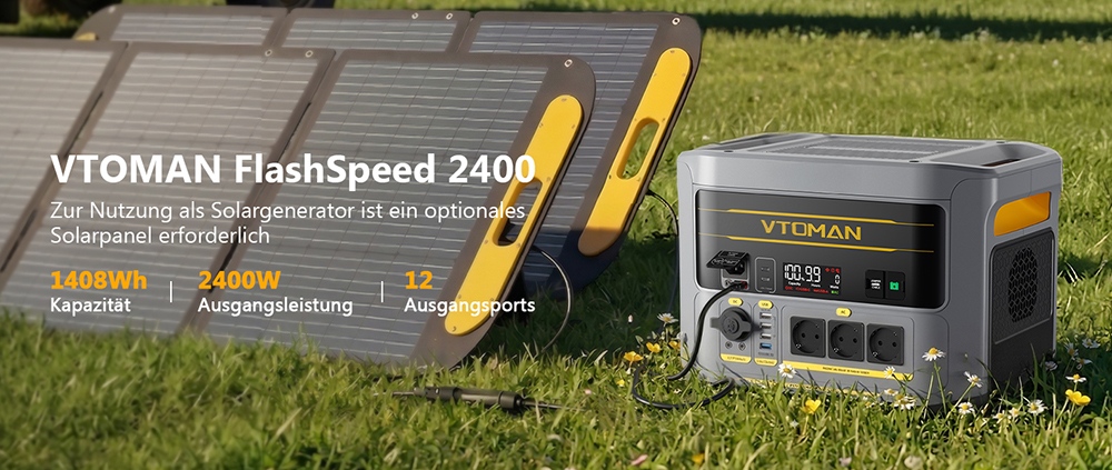 VTOMAN FlashSpeed 2400 Tragbare Powerstation, 1408Wh LiFePO4-Batterie, 2400W AC-Ausgang, 3200W Spitzenleistung, 12 Ausgangsanschlüsse, 100W USB-C, 600W Solar-Eingang, 1500W AC-Eingang, <10ms USV