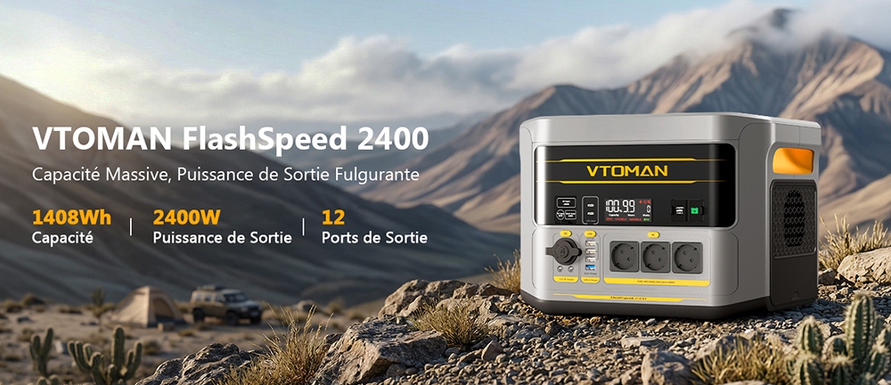 Station d'alimentation portable VTOMAN FlashSpeed 2400, batterie LiFePO4 de 1408Wh, sortie AC de 2400W, puissance de pointe de 3200W, 12 ports de sortie, USB-C de 100W, entr&eacute;e solaire de 600W, entr&eacute;e AC de 1500W, UPS <10ms