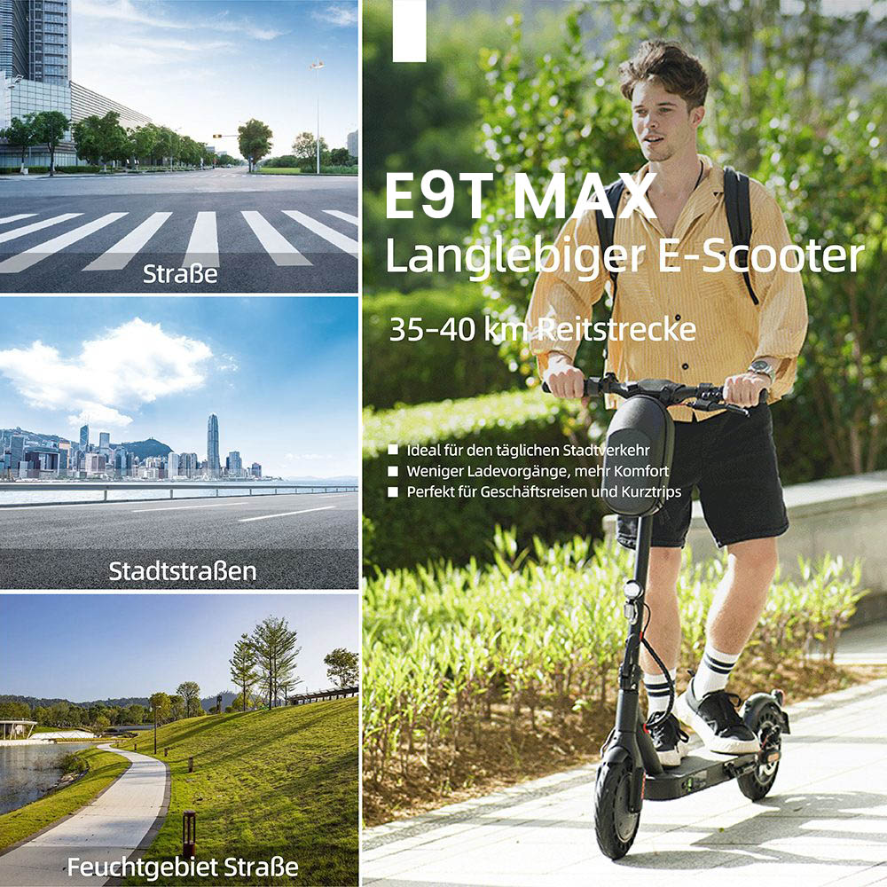 E9T MAX ABE Elektroroller, 500W Motor, 36V10Ah Batterie, 20km/h Geschwindigkeit, 40km Reichweite, 10" Wabenreifen, elektronische Daumenbremse & Scheibenbremse am Lenker, 120kg maximale Belastung