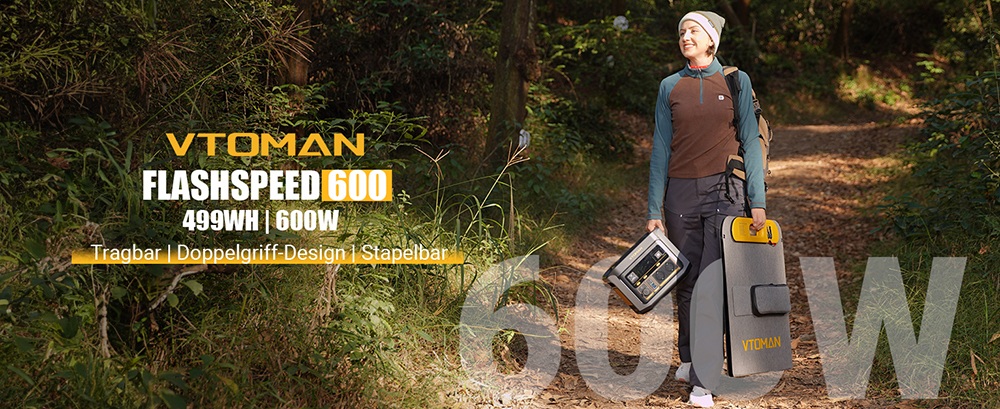 VTOMAN FlashSpeed 600 Tragbare Powerstation, 499Wh LiFePO4-Batterie, 600W AC-Ausgang, 1200W Spitzenleistung, V-Beyond-Technologie, 2×100W USB-C PD, 400W AC-Schnellladung, USV-Backup, erweiterbare Kapazität