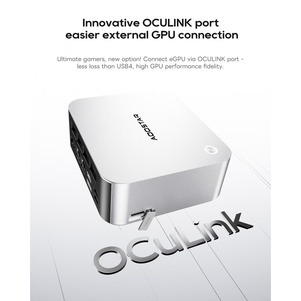 Mini PC AOOSTAR MACO, processeur AMD Ryzen 7 PRO 8845HS 8 c&oelig;urs/16 threads, carte graphique Radeon 780M, 24 Go de RAM DDR5 5600 MHz, SSD PCIe 4.0 de 1 To, compatible eGPU OCuLink, double port LAN 2,5 GHz, Wi-Fi 6, USB 4.0, sortie quadruple &eacute;cran