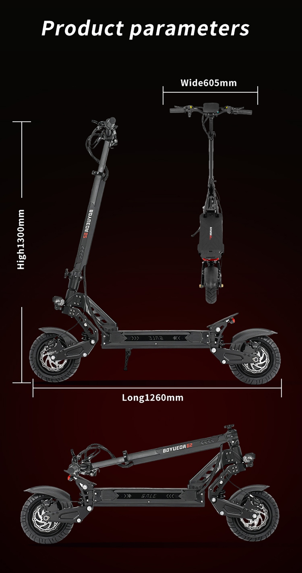 BOYUEDA G2 Elektroroller, 1600-W-Motor, 55 km/h H&ouml;chstgeschwindigkeit, 52-V-19-Ah-Akku, 60&ndash;70 km Reichweite, 10-Zoll-Gel&auml;ndereifen, hydraulische Scheibenbremsen vorne und hinten, Doppelfederung, NFC-Entsperrung, LCD-Display, 150 kg Traglast