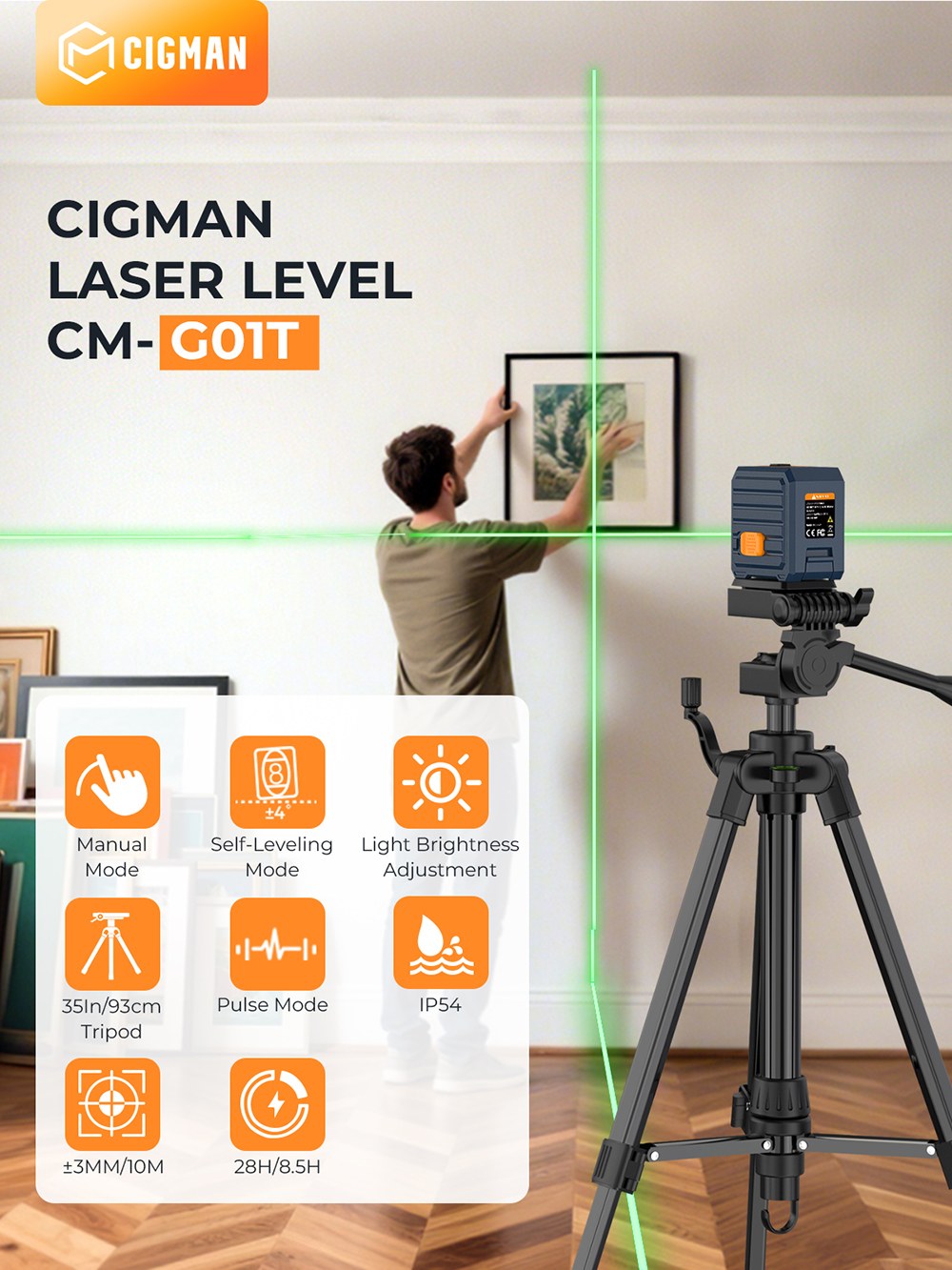 CIGMAN CM-G01T 2-Linien-Laser-Nivellierger&auml;t mit 1-m-Stativ, gr&uuml;nem Strahl, 30 m Reichweite, &plusmn;1,5 mm/5 m Genauigkeit, 4-stufig einstellbarer Helligkeit, Selbstnivellierung, manueller und Pulsmodus, Schutzart IP54