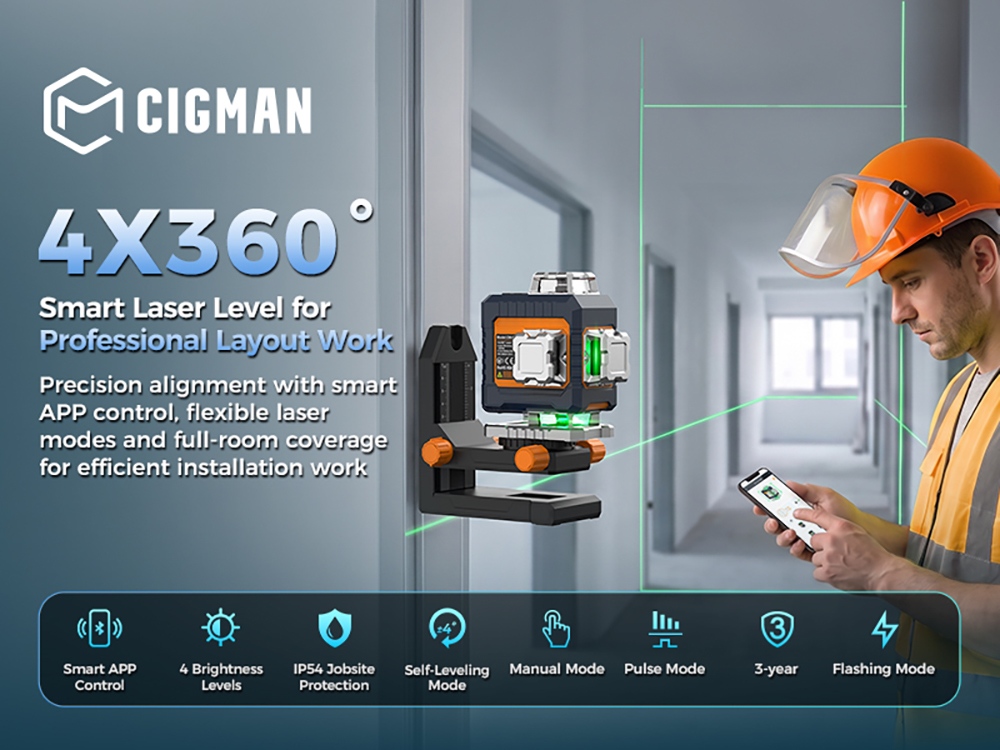 Niveau laser CIGMAN CM-G16, autonivellement 4 &times; 360&deg;, laser vert, plage d'autonivellement &plusmn;3&deg;, mode impulsion 50 m, batterie 4000 mAh, application intelligente et t&eacute;l&eacute;commande, 4 niveaux de luminosit&eacute;, protection IP54
