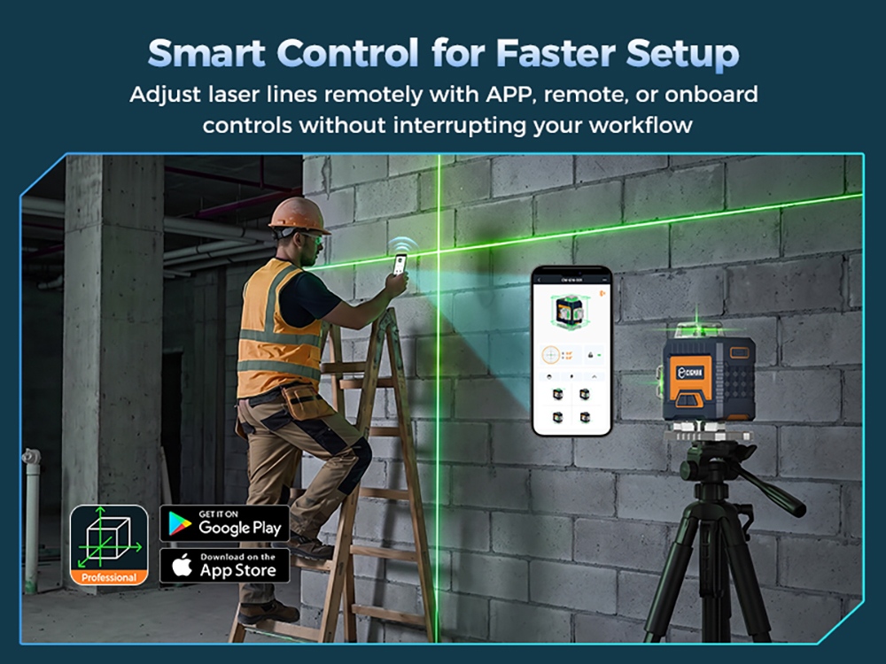 Niveau laser CIGMAN CM-G16, autonivellement 4 &times; 360&deg;, laser vert, plage d'autonivellement &plusmn;3&deg;, mode impulsion 50 m, batterie 4000 mAh, application intelligente et t&eacute;l&eacute;commande, 4 niveaux de luminosit&eacute;, protection IP54
