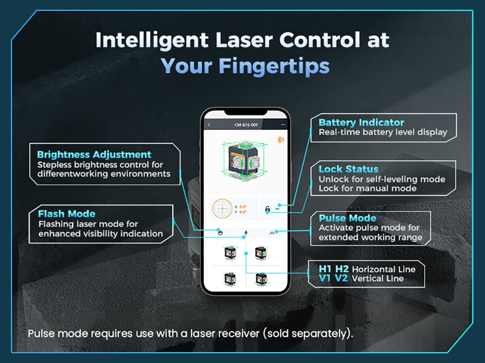 Niveau laser CIGMAN CM-G16, autonivellement 4 &times; 360&deg;, laser vert, plage d'autonivellement &plusmn;3&deg;, mode impulsion 50 m, batterie 4000 mAh, application intelligente et t&eacute;l&eacute;commande, 4 niveaux de luminosit&eacute;, protection IP54