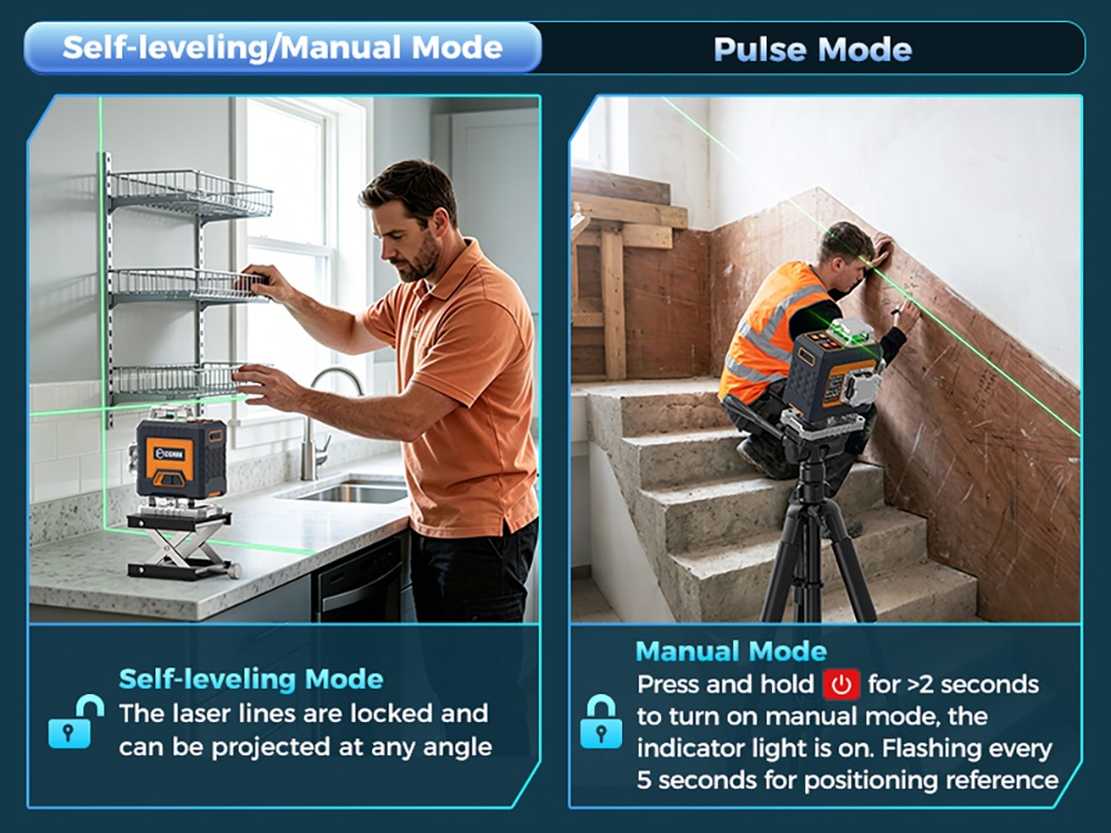 Niveau laser CIGMAN CM-G16, autonivellement 4 &times; 360&deg;, laser vert, plage d'autonivellement &plusmn;3&deg;, mode impulsion 50 m, batterie 4000 mAh, application intelligente et t&eacute;l&eacute;commande, 4 niveaux de luminosit&eacute;, protection IP54