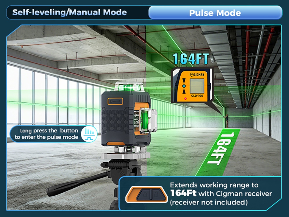 Niveau laser CIGMAN CM-G16, autonivellement 4 &times; 360&deg;, laser vert, plage d'autonivellement &plusmn;3&deg;, mode impulsion 50 m, batterie 4000 mAh, application intelligente et t&eacute;l&eacute;commande, 4 niveaux de luminosit&eacute;, protection IP54