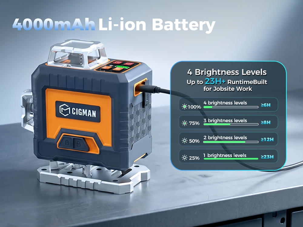 Niveau laser CIGMAN CM-G16, autonivellement 4 &times; 360&deg;, laser vert, plage d'autonivellement &plusmn;3&deg;, mode impulsion 50 m, batterie 4000 mAh, application intelligente et t&eacute;l&eacute;commande, 4 niveaux de luminosit&eacute;, protection IP54