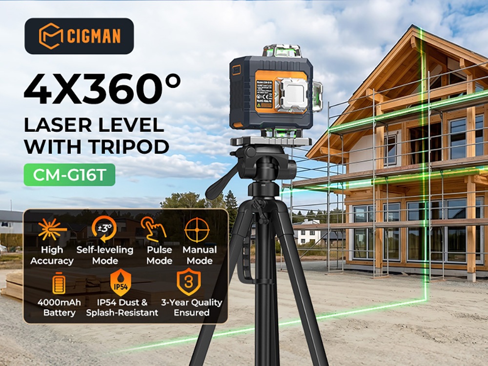 CIGMAN CM-G16T 4&times;360&deg; Gr&uuml;ner Laser, 16 Linien, &plusmn;1,5 mm/5 m Genauigkeit, 30 m Reichweite, &plusmn;3&deg; Selbstnivellierung, App- und Fernbedienungssteuerung, 4 Helligkeitsstufen, Pulsmodus, 4000 mAh Akku, IP54