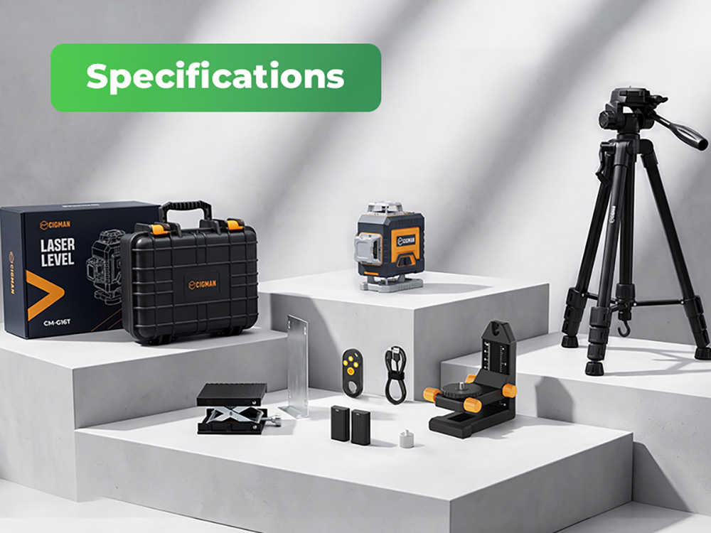 CIGMAN CM-G16T 4&times;360&deg; Gr&uuml;ner Laser, 16 Linien, &plusmn;1,5 mm/5 m Genauigkeit, 30 m Reichweite, &plusmn;3&deg; Selbstnivellierung, App- und Fernbedienungssteuerung, 4 Helligkeitsstufen, Pulsmodus, 4000 mAh Akku, IP54