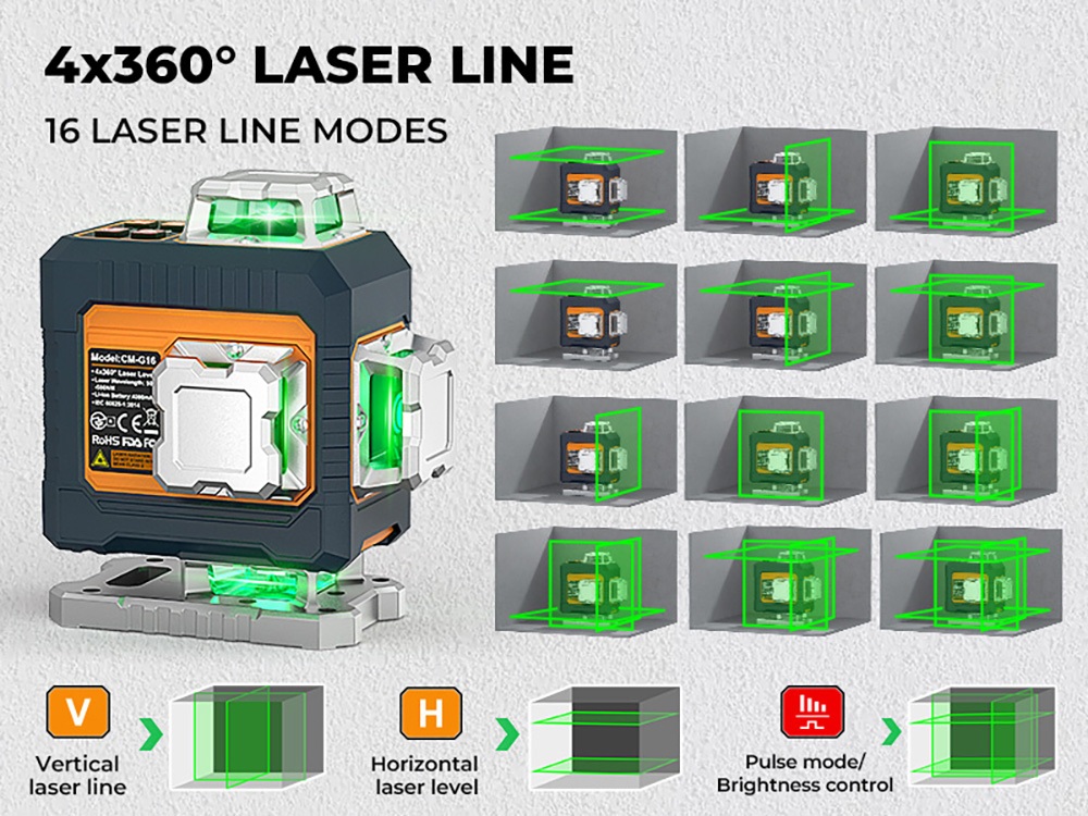 CIGMAN CM-G16T 4&times;360&deg; Gr&uuml;ner Laser, 16 Linien, &plusmn;1,5 mm/5 m Genauigkeit, 30 m Reichweite, &plusmn;3&deg; Selbstnivellierung, App- und Fernbedienungssteuerung, 4 Helligkeitsstufen, Pulsmodus, 4000 mAh Akku, IP54