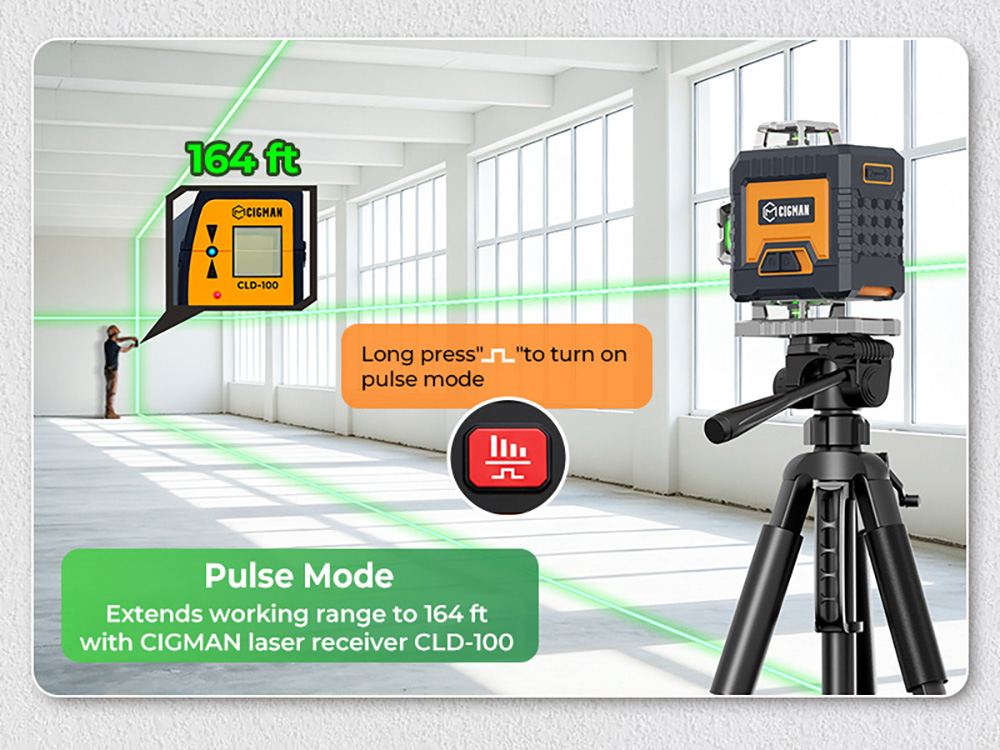 CIGMAN CM-G16T 4&times;360&deg; Gr&uuml;ner Laser, 16 Linien, &plusmn;1,5 mm/5 m Genauigkeit, 30 m Reichweite, &plusmn;3&deg; Selbstnivellierung, App- und Fernbedienungssteuerung, 4 Helligkeitsstufen, Pulsmodus, 4000 mAh Akku, IP54