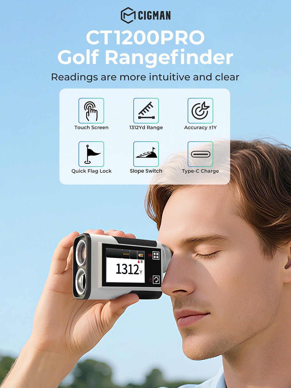 T&eacute;l&eacute;m&egrave;tre de golf CIGMAN CT1200PRO, port&eacute;e de 1&nbsp;312 yards, pr&eacute;cision de &plusmn;1 yard, mesure rapide en 0,05 s, compensation de pente, verrouillage du drapeau avec vibration, transmission de la lumi&egrave;re &agrave; 85&nbsp;%, &eacute;cran tactile HD, &eacute;tanch&eacute;it&eacute; IP54