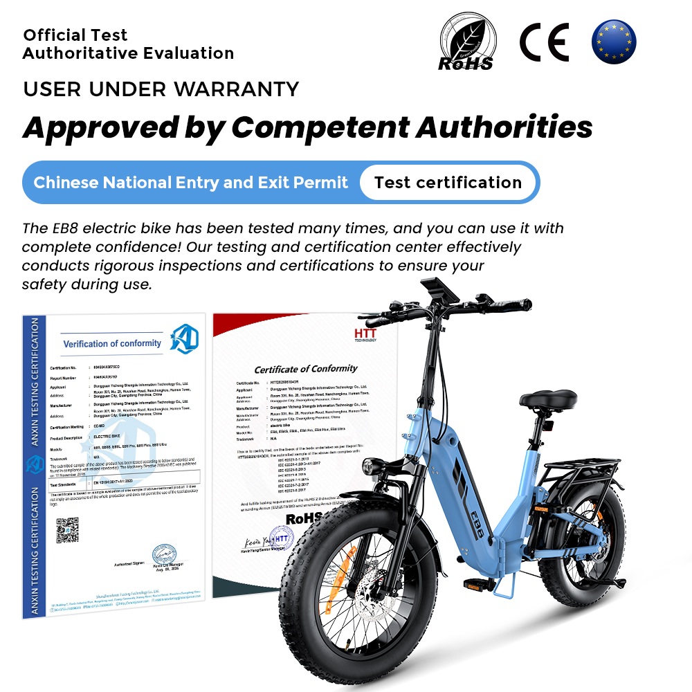 EB8 Faltbares Elektrofahrrad, 250-W-Motor, 48-V-15-Ah-Akku, &uuml;ber 144 km Reichweite, 25 km/h H&ouml;chstgeschwindigkeit, 20&times;4,0-Zoll-Fatbike-Reifen, 5-Gang-Schaltung, Steigf&auml;higkeit bis 15&deg;, Federgabel, Scheibenbremsen &ndash; Blau