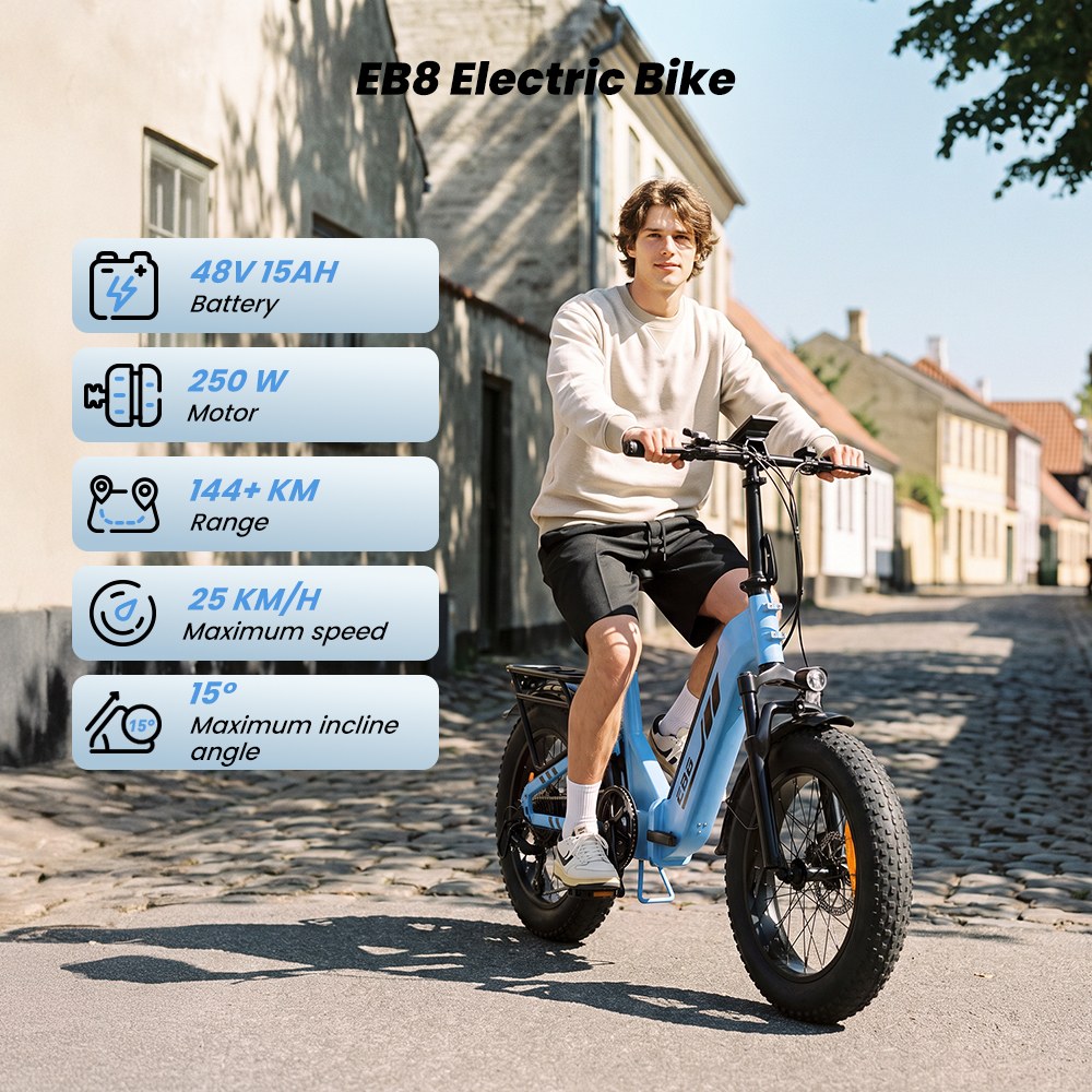 EB8 Faltbares Elektrofahrrad, 250-W-Motor, 48-V-15-Ah-Akku, &uuml;ber 144 km Reichweite, 25 km/h H&ouml;chstgeschwindigkeit, 20&times;4,0-Zoll-Fatbike-Reifen, 5-Gang-Schaltung, Steigf&auml;higkeit bis 15&deg;, Federgabel, Scheibenbremsen &ndash; Blau