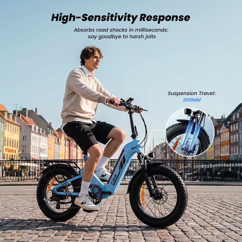 EB8 Faltbares Elektrofahrrad, 250-W-Motor, 48-V-15-Ah-Akku, &uuml;ber 144 km Reichweite, 25 km/h H&ouml;chstgeschwindigkeit, 20&times;4,0-Zoll-Fatbike-Reifen, 5-Gang-Schaltung, Steigf&auml;higkeit bis 15&deg;, Federgabel, Scheibenbremsen &ndash; Blau