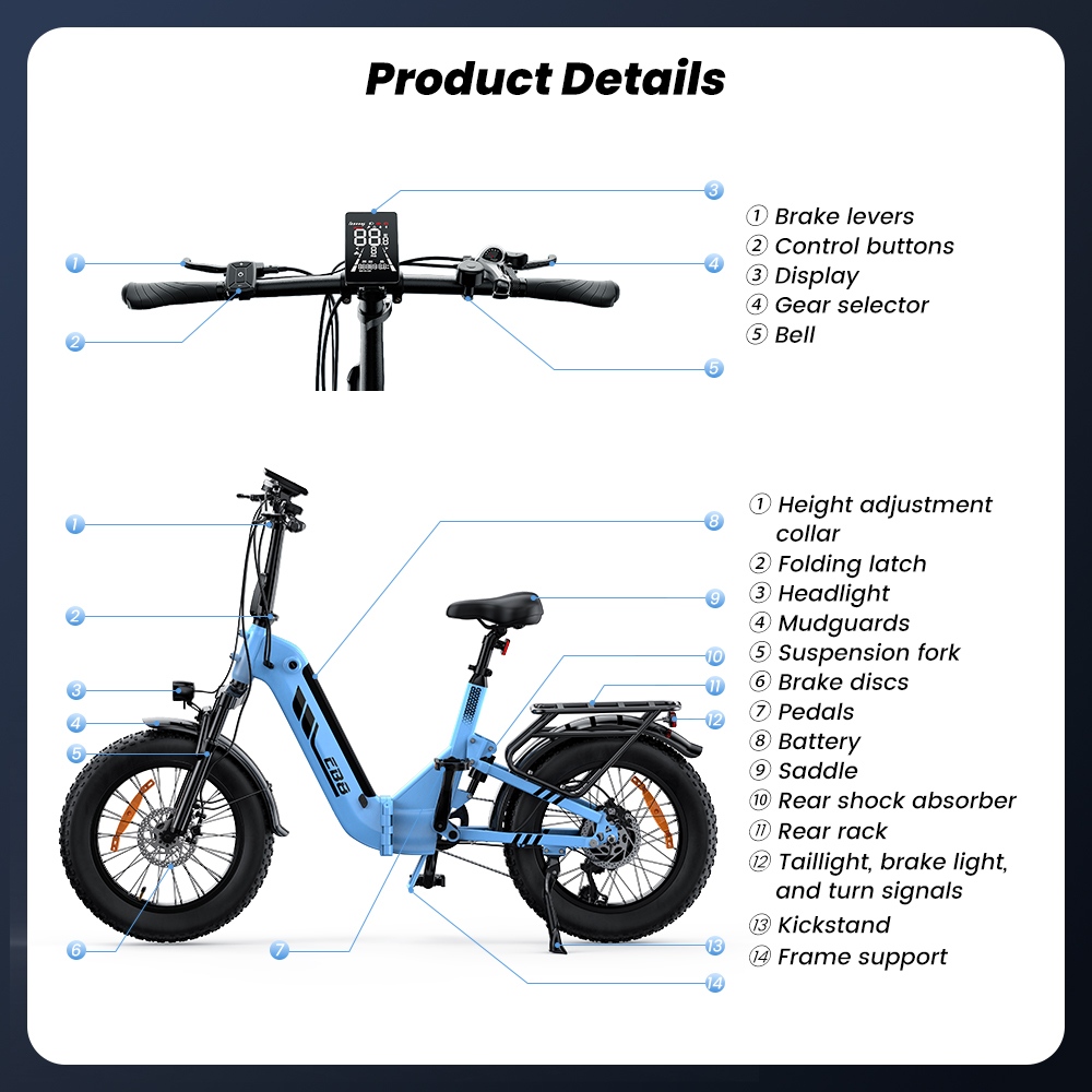 EB8 Faltbares Elektrofahrrad, 250-W-Motor, 48-V-15-Ah-Akku, &uuml;ber 144 km Reichweite, 25 km/h H&ouml;chstgeschwindigkeit, 20&times;4,0-Zoll-Fatbike-Reifen, 5-Gang-Schaltung, Steigf&auml;higkeit bis 15&deg;, Federgabel, Scheibenbremsen &ndash; Blau