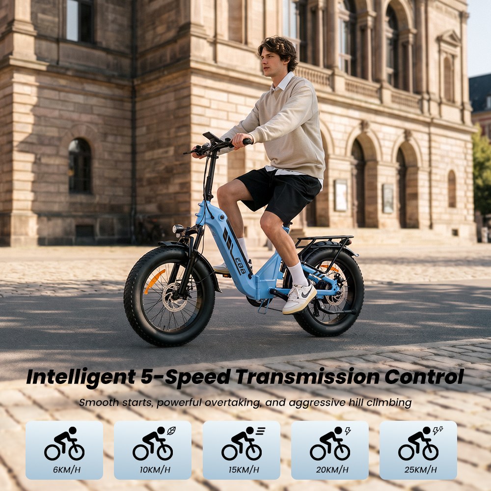 EB8 Faltbares Elektrofahrrad, 250-W-Motor, 48-V-15-Ah-Akku, &uuml;ber 144 km Reichweite, 25 km/h H&ouml;chstgeschwindigkeit, 20&times;4,0-Zoll-Fatbike-Reifen, 5-Gang-Schaltung, Steigf&auml;higkeit bis 15&deg;, Federgabel, Scheibenbremsen &ndash; Blau