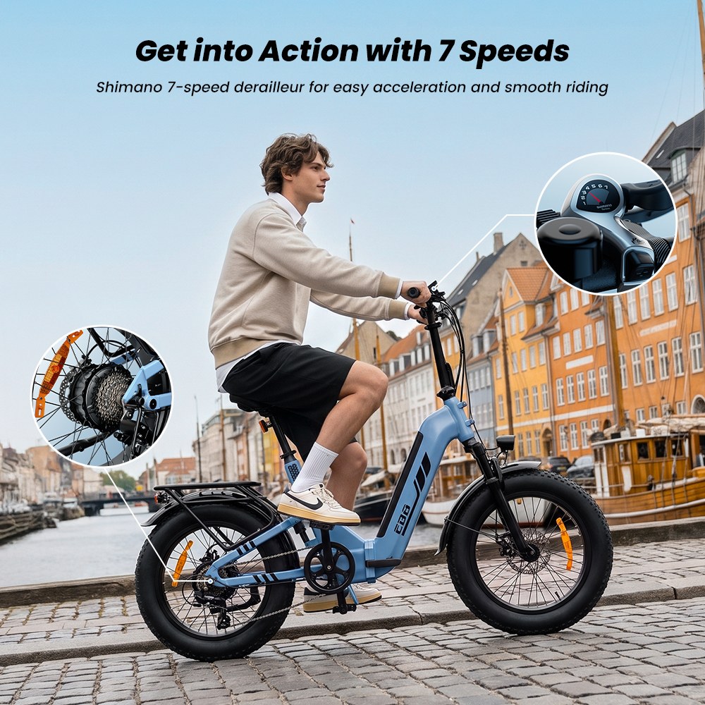 EB8 Faltbares Elektrofahrrad, 250-W-Motor, 48-V-15-Ah-Akku, &uuml;ber 144 km Reichweite, 25 km/h H&ouml;chstgeschwindigkeit, 20&times;4,0-Zoll-Fatbike-Reifen, 5-Gang-Schaltung, Steigf&auml;higkeit bis 15&deg;, Federgabel, Scheibenbremsen &ndash; Blau