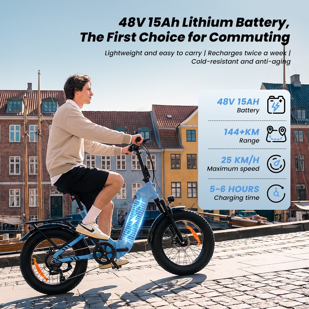 EB8 Faltbares Elektrofahrrad, 250-W-Motor, 48-V-15-Ah-Akku, &uuml;ber 144 km Reichweite, 25 km/h H&ouml;chstgeschwindigkeit, 20&times;4,0-Zoll-Fatbike-Reifen, 5-Gang-Schaltung, Steigf&auml;higkeit bis 15&deg;, Federgabel, Scheibenbremsen &ndash; Blau