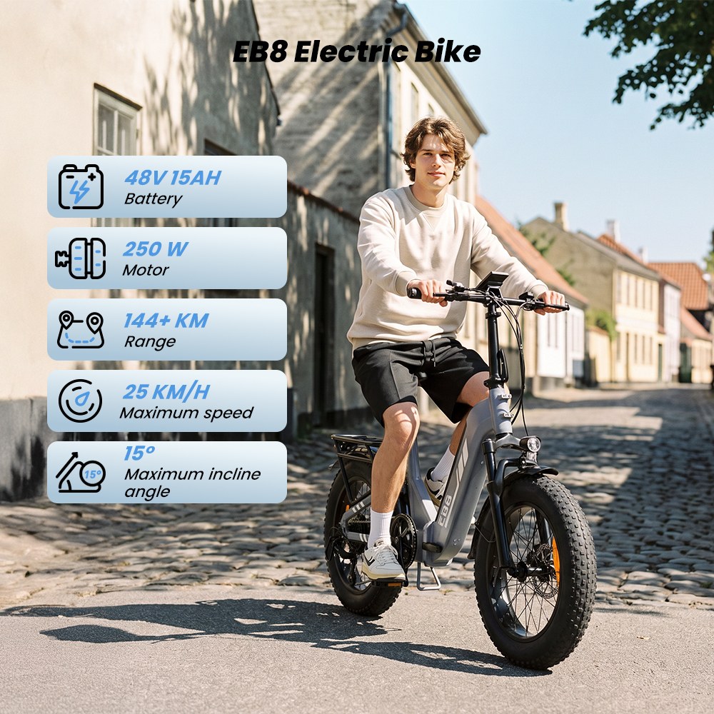 EB8 Faltbares Elektrofahrrad, 250-W-Motor, 48-V-15-Ah-Akku, &uuml;ber 144 km Reichweite, 25 km/h H&ouml;chstgeschwindigkeit, 20&times;4,0