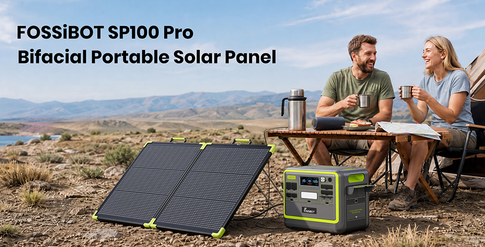FOSSiBOT SP100 Pro Bifacial Portable Solar Panel, 100W Power, 25% Solar Conversion Efficiency, 10&ndash;15% Rear-Side Power Gain, IP67 Waterproof, Foldable Design, MC4 to XT60 Cable, Series & Parallel Connection