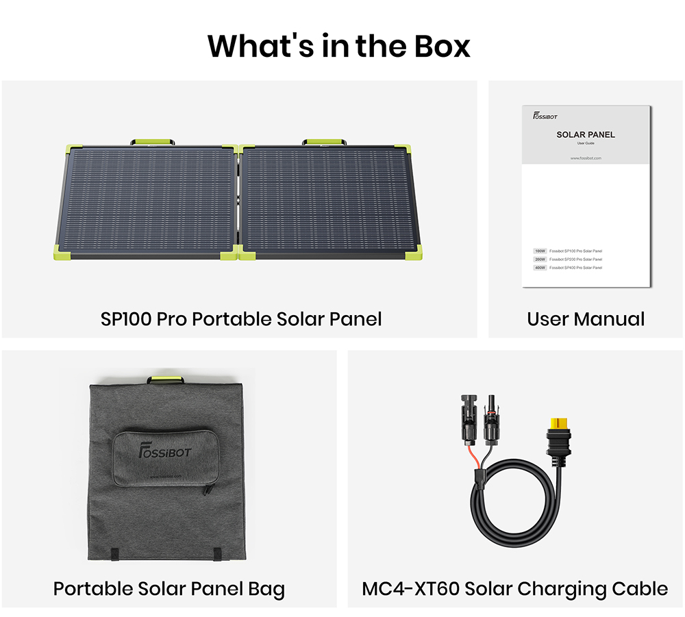FOSSiBOT SP100 Pro Bifacial Portable Solar Panel, 100W Power, 25% Solar Conversion Efficiency, 10&ndash;15% Rear-Side Power Gain, IP67 Waterproof, Foldable Design, MC4 to XT60 Cable, Series & Parallel Connection