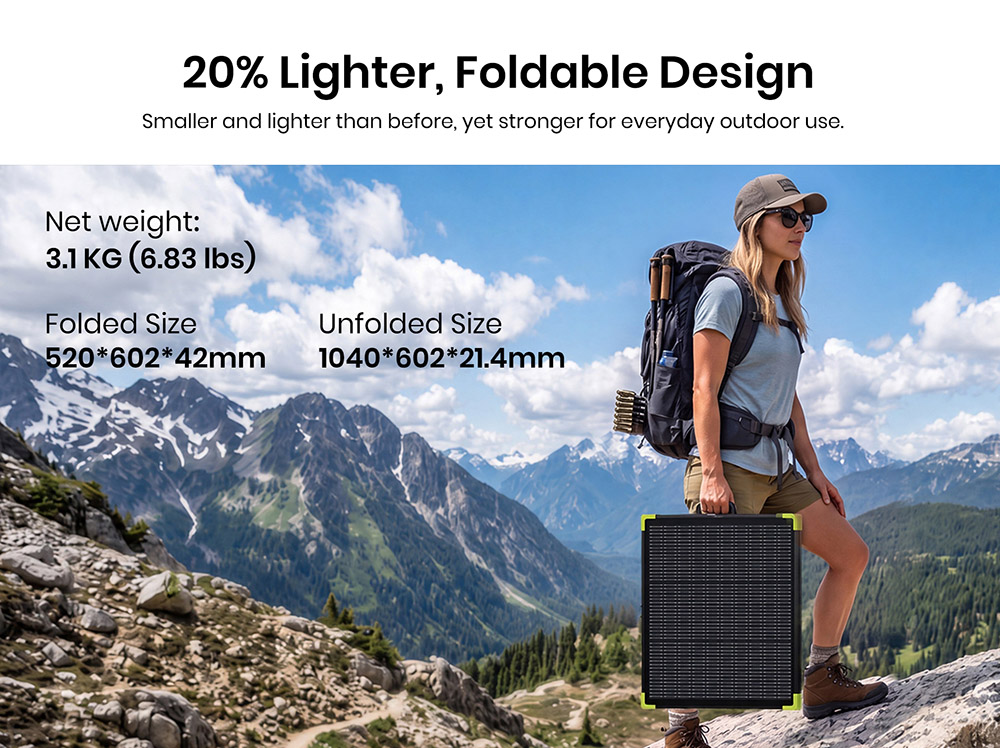 FOSSiBOT SP100 Pro Bifacial Portable Solar Panel, 100W Power, 25% Solar Conversion Efficiency, 10&ndash;15% Rear-Side Power Gain, IP67 Waterproof, Foldable Design, MC4 to XT60 Cable, Series & Parallel Connection