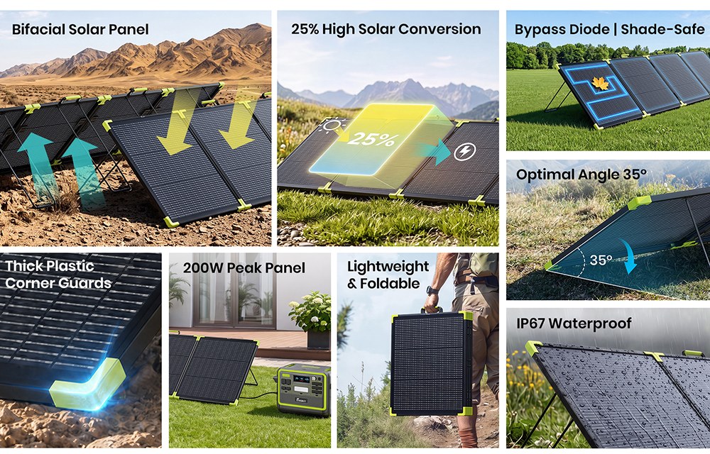 FOSSiBOT SP200 Pro Bifaziales tragbares Solarpanel, 200 W Leistung, 25 % Solarumwandlungseffizienz, 10&ndash;15 % r&uuml;ckseitiger Leistungszuwachs, IP67 wasserdicht, faltbar, MC4-zu-XT60-Kabel, Reihen- und Parallelschaltung
