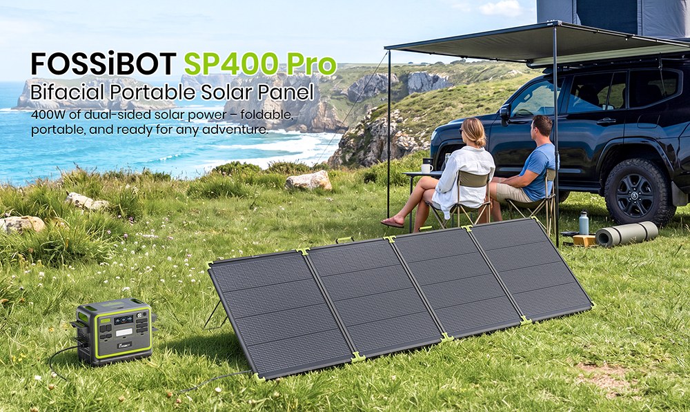 FOSSiBOT SP400 Pro Bifaziales tragbares Solarpanel, 400 W Leistung, 25 % Solarumwandlungseffizienz, 10&ndash;15 % zus&auml;tzlicher Leistungsgewinn, IP67 wasserdicht, faltbar, MC4-zu-XT60-Kabel, Reihen- und Parallelschaltung