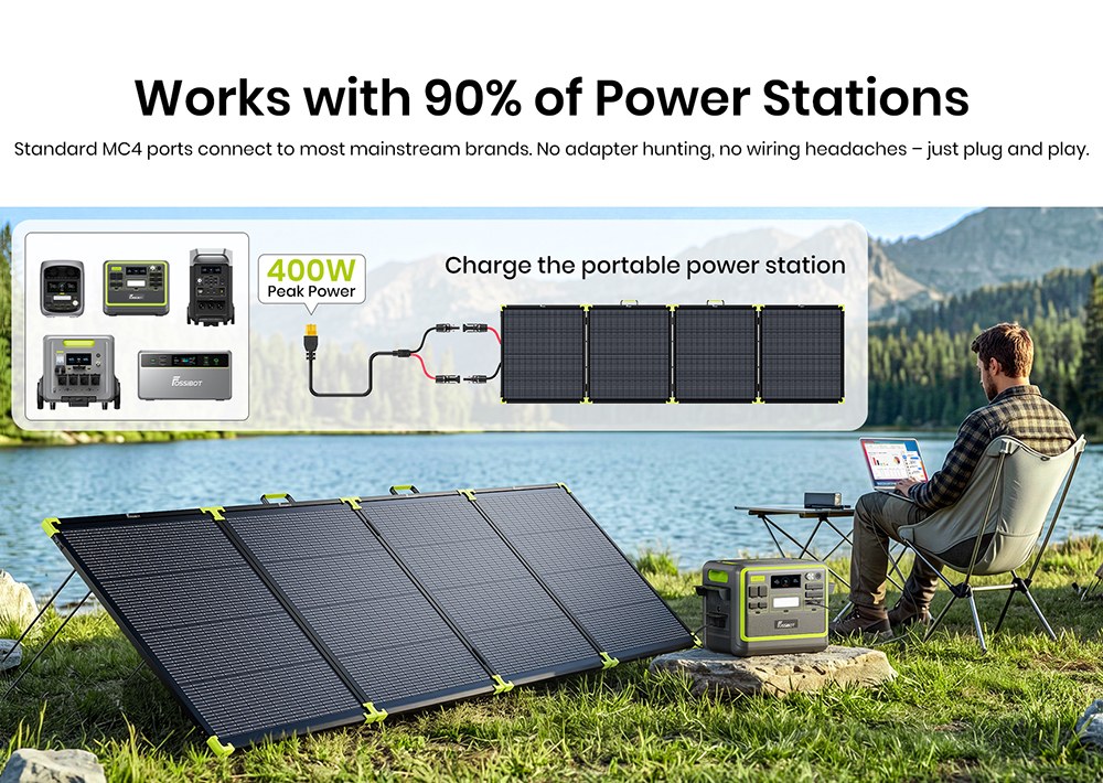 FOSSiBOT SP400 Pro Bifaziales tragbares Solarpanel, 400 W Leistung, 25 % Solarumwandlungseffizienz, 10&ndash;15 % zus&auml;tzlicher Leistungsgewinn, IP67 wasserdicht, faltbar, MC4-zu-XT60-Kabel, Reihen- und Parallelschaltung