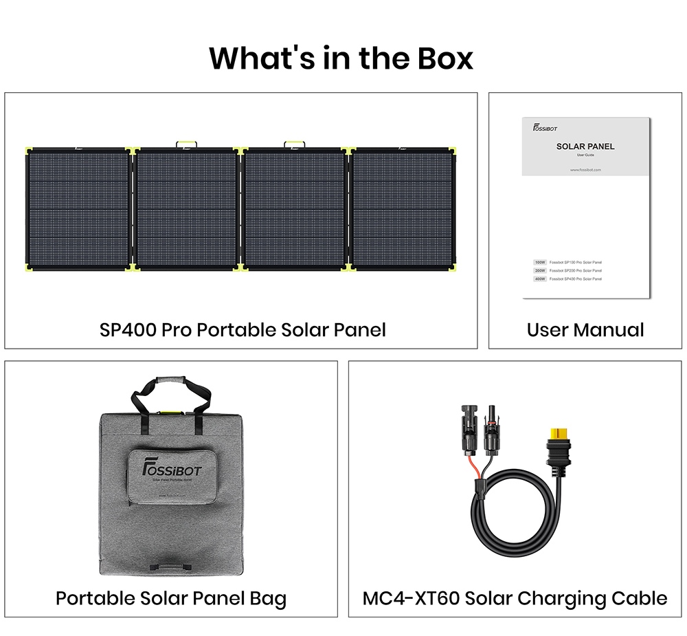 FOSSiBOT SP400 Pro Bifaziales tragbares Solarpanel, 400 W Leistung, 25 % Solarumwandlungseffizienz, 10&ndash;15 % zus&auml;tzlicher Leistungsgewinn, IP67 wasserdicht, faltbar, MC4-zu-XT60-Kabel, Reihen- und Parallelschaltung
