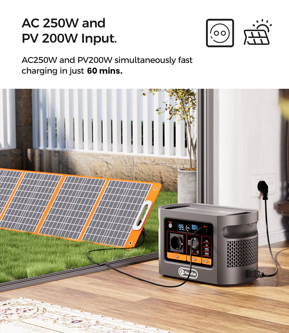 FlashFish E106B Tragbare Powerstation, 384 Wh LiFePO4-Akku, 600 W Sinusausgangsleistung, 8 Ausg&auml;nge, 250 W Netzanschluss + 200 W Solar-Schnellladung, 100 W USB-C PD, 120 W Kfz-Anschluss, LCD-Display, f&uuml;r Camping, Wohnmobil und Notstromversorgung