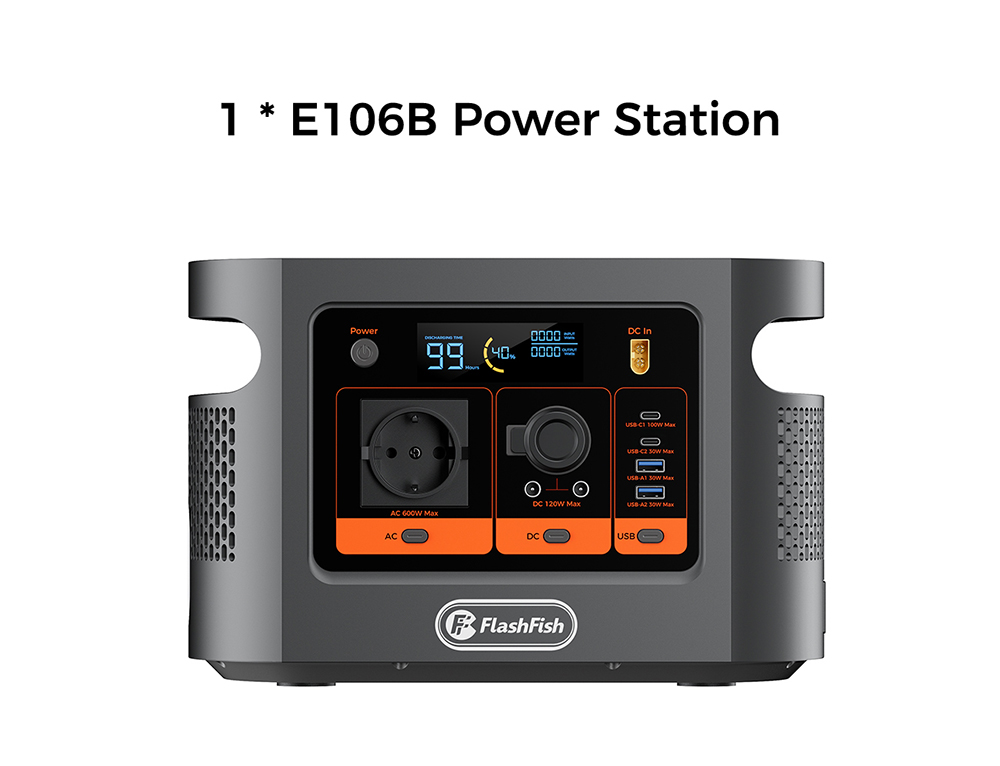 FlashFish E106B Tragbare Powerstation, 384 Wh LiFePO4-Akku, 600 W Sinusausgangsleistung, 8 Ausg&auml;nge, 250 W Netzanschluss + 200 W Solar-Schnellladung, 100 W USB-C PD, 120 W Kfz-Anschluss, LCD-Display, f&uuml;r Camping, Wohnmobil und Notstromversorgung