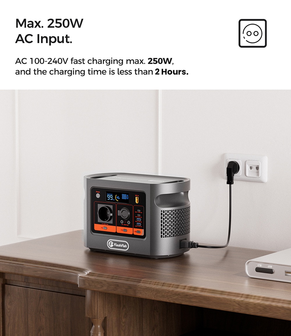 FlashFish E106B Tragbare Powerstation, 384 Wh LiFePO4-Akku, 600 W Sinusausgangsleistung, 8 Ausg&auml;nge, 250 W Netzanschluss + 200 W Solar-Schnellladung, 100 W USB-C PD, 120 W Kfz-Anschluss, LCD-Display, f&uuml;r Camping, Wohnmobil und Notstromversorgung