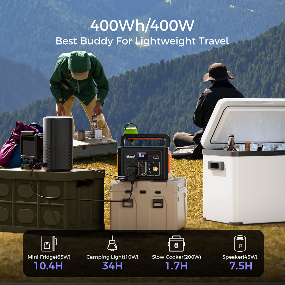 Flashfish K53 Hordozhat&oacute; Erőmű, 400Wh Kapacit&aacute;s, 109200mAh L&iacute;tium-ion Akkumul&aacute;tor, 400W AC Kimenet, 8 Kimenet, QC3.0 USB-A/USB-C, 15V/4A DC Bemenet, 3 T&ouml;lt&eacute;si M&oacute;d, Be&eacute;p&iacute;tett LED F&eacute;ny