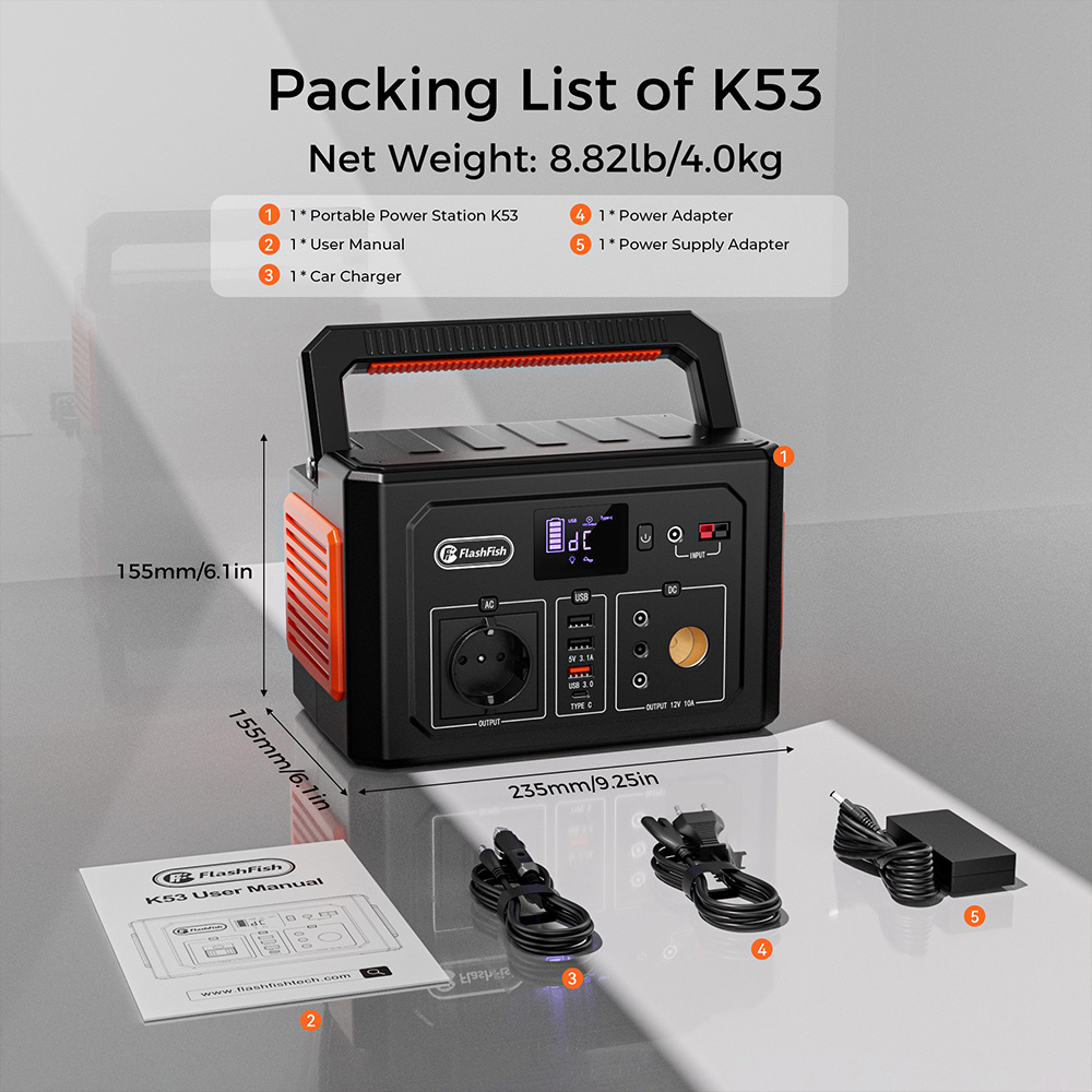 Flashfish K53 Hordozhat&oacute; Erőmű, 400Wh Kapacit&aacute;s, 109200mAh L&iacute;tium-ion Akkumul&aacute;tor, 400W AC Kimenet, 8 Kimenet, QC3.0 USB-A/USB-C, 15V/4A DC Bemenet, 3 T&ouml;lt&eacute;si M&oacute;d, Be&eacute;p&iacute;tett LED F&eacute;ny