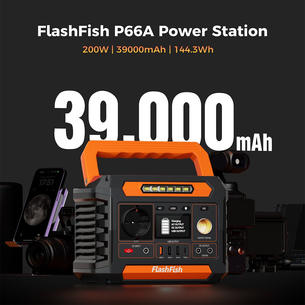 Flashfish P66A Tragbare Powerstation, 144,3 Wh Kapazit&auml;t, 39000 mAh Akku, 200 W Wechselstromausgang, 8 Ausg&auml;nge, 18 W USB-A/USB-C QC, 13&ndash;22 V Solareingang, 3 Lademethoden, integrierte LED-Leuchte